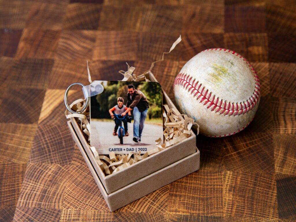 Natural wood key chain for Dad on Father's Day.